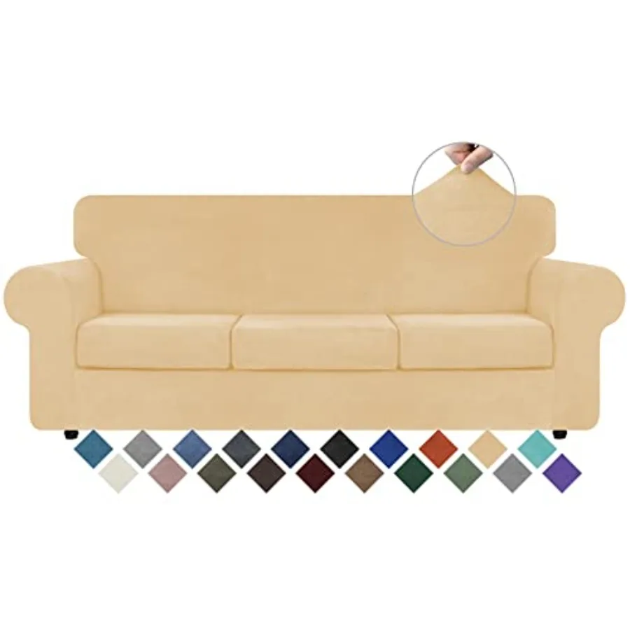 

4 Pieces Velvet High Stretch Couch Covers for 3 Cushion Couch Sofa Slipcovers Washable Furniture Protector with Non Slip Elasti