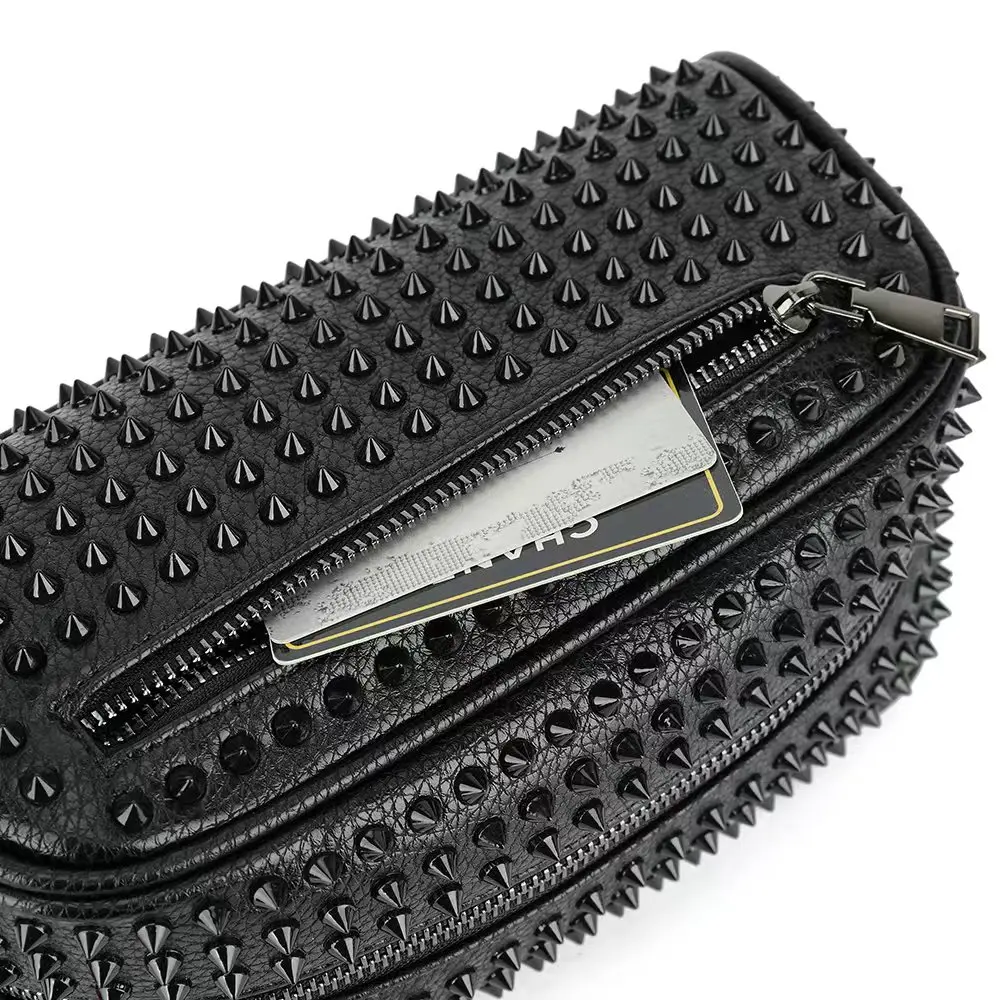 Rivets Clutch PU Leather Purses for Women Fashion Multi-Pocket Handbag Zipper Wallet Party Black