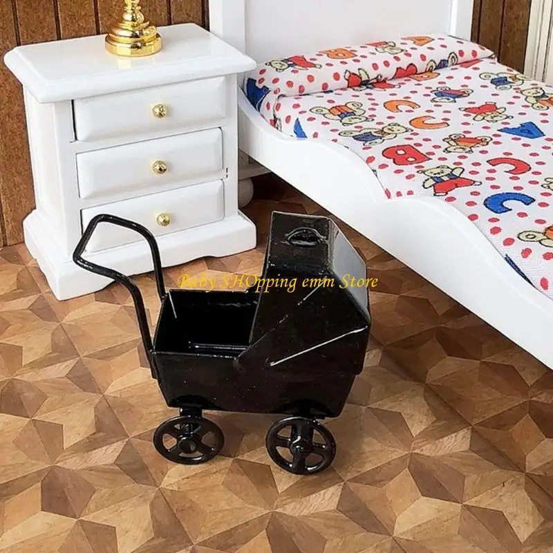 23GD Preto Pram 1:12 Modelo Realista Mini Berço Decorativo Pretend Play Toy