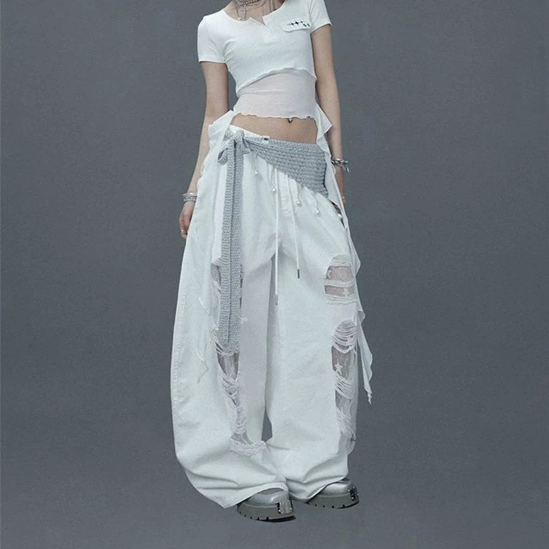 

Street White Patchwork Ripped Pants Hiphop Lace Hollow Out Sheer Wide Leg Pants American Vintage Loose Casual Lazy Jazz Trousers