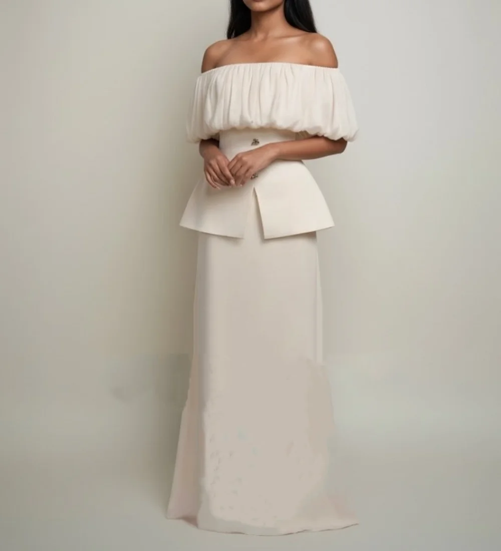 

Customized Pastrol Jersey Pleat A-line Off-the-shoulder Long Prom Dresses Bespoke Occasion Exquisite Simple