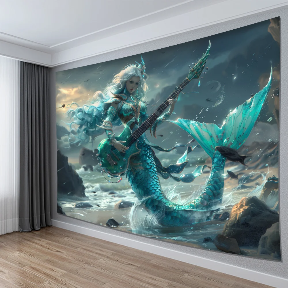 Mermaid Guitarist Tapestry 2D Digital Print Polyester Wall Hanging Living Room Bedroom Office Decor with Hooks