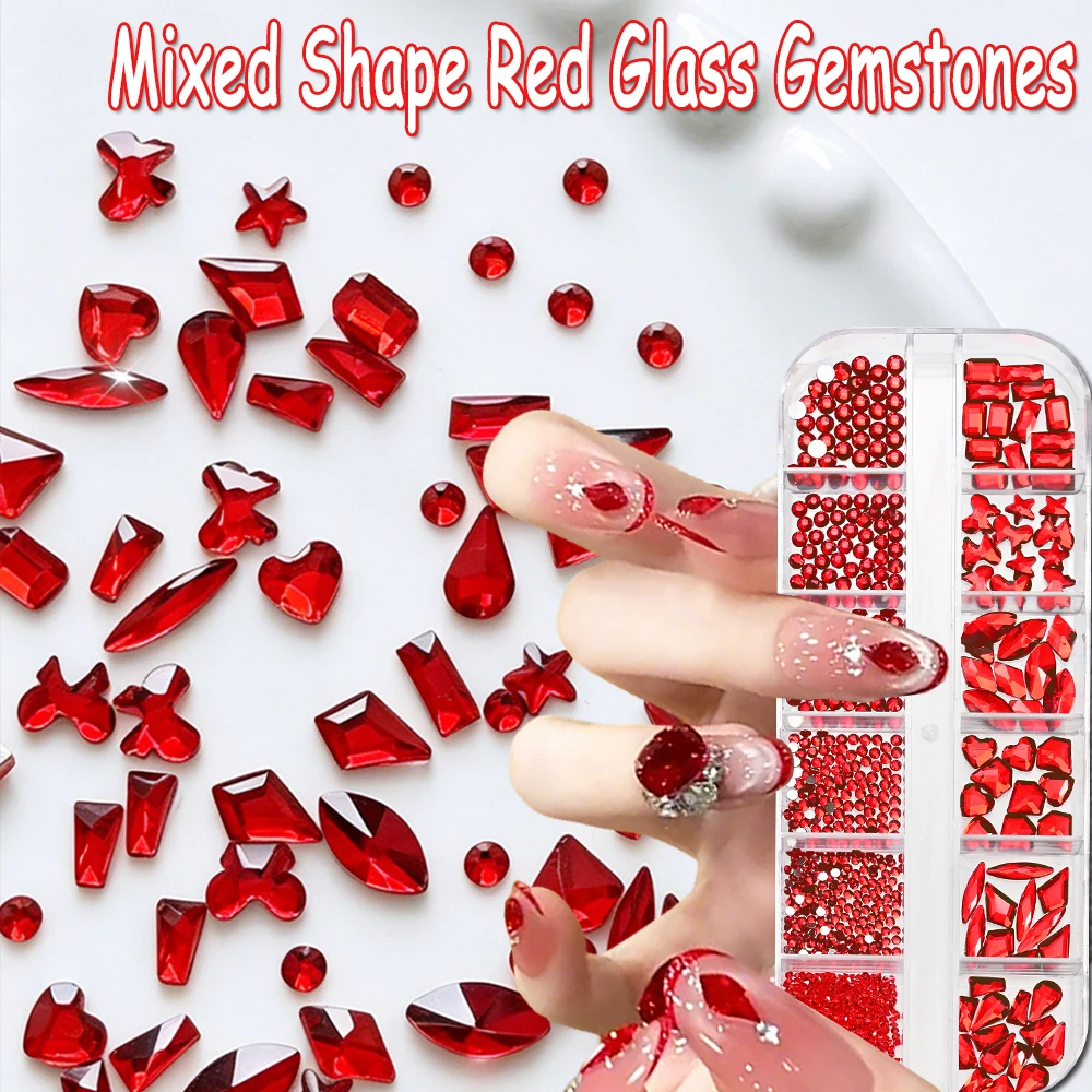 

12Grids 3D Mixed Shape Red Glass Crystal Nail Art Rhinestone Luxury Irregular Glitter Diamond Nail Gemstones DIY Nail Supplies