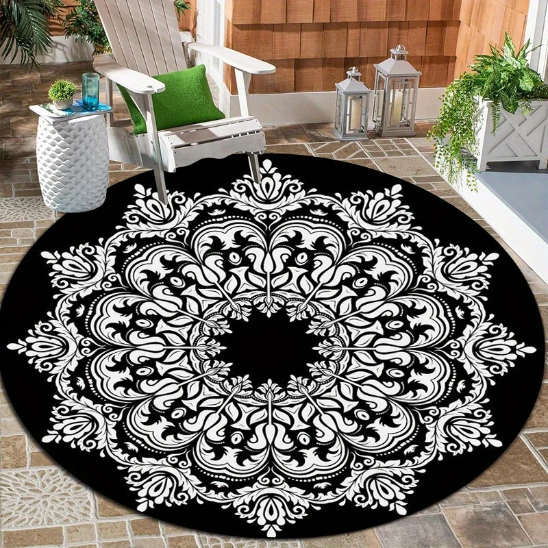 Black Cuckoo Mandala Pattern Round Area Rug, Non Slip Indoor Outdoor Floor Mat for Patio Deck Porch RV Camping and Home Decor