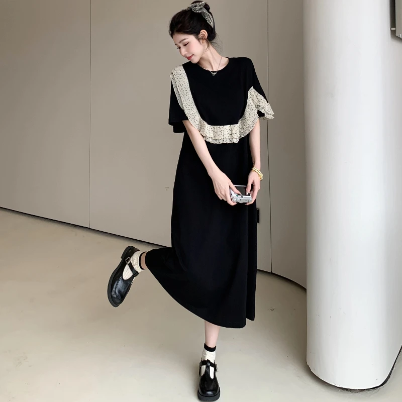 2025年夏新作 レディースワンピース ブラック パッチワーク Tシャツワンピース ゆったり 大きいサイズ フリル 女性用ローブ カジュアル レディースドレス KE60021