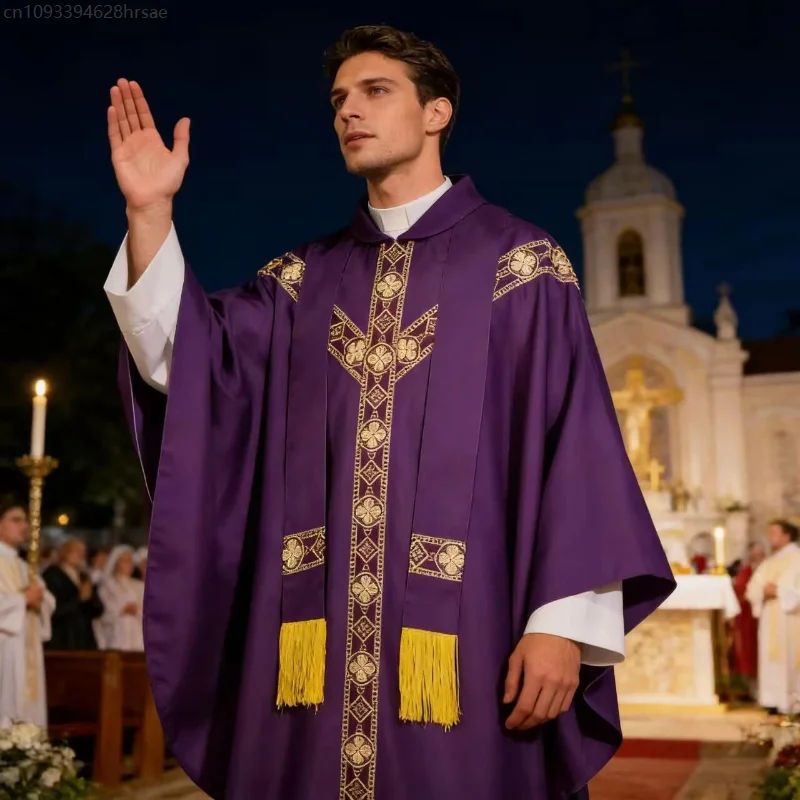 

Medieval Priest Cosplay Celebrant Chasuble Catholic Church Father Mass Vestments Robe with Tassel Clergy Robe for Adult Costume