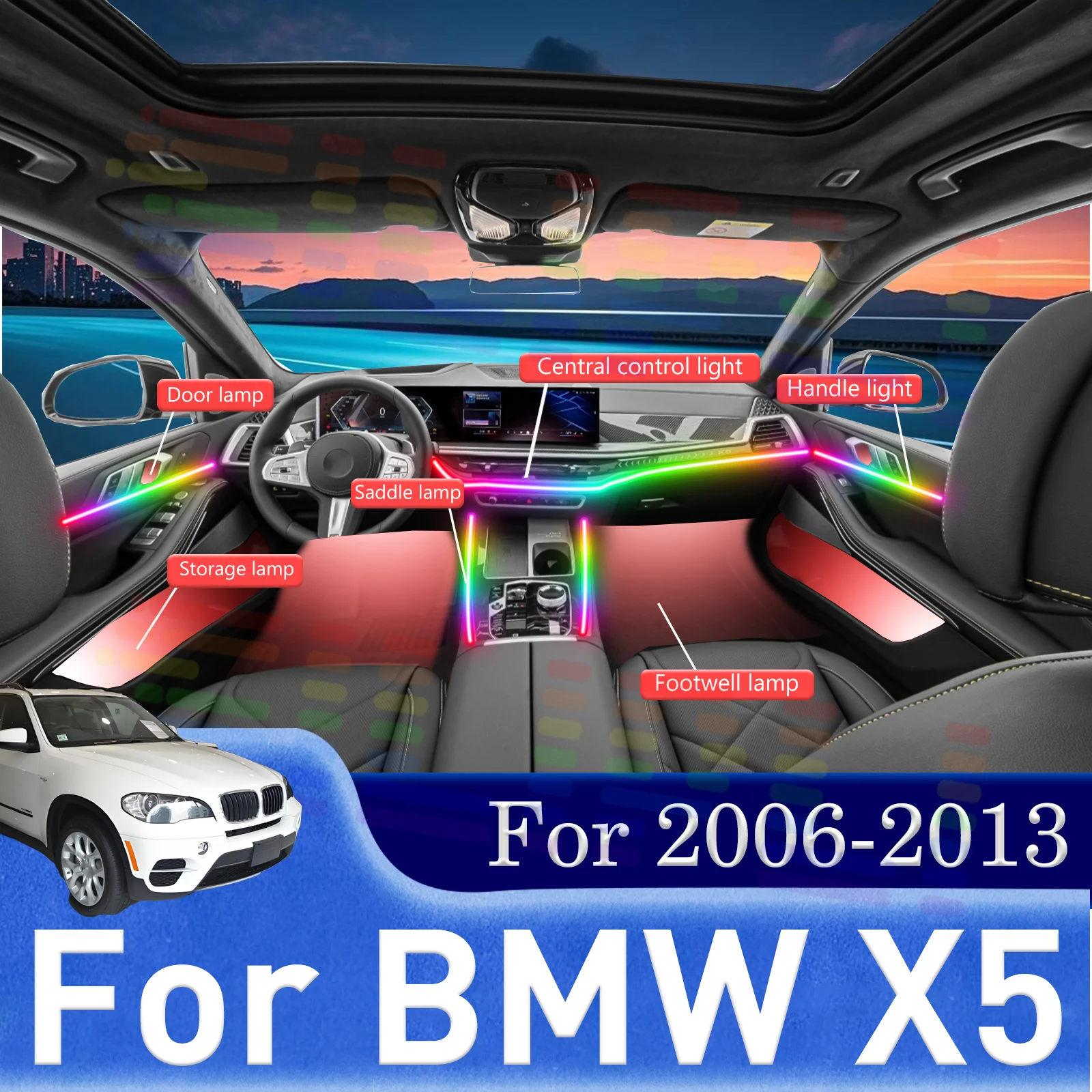 

6-в-1 светодиодные лампы для BMW X5 E53 E70, цветная атмосферная подсветка, неоновые полосы для салона автомобиля, 64 RGB цвета, 12В, 64 цвета.