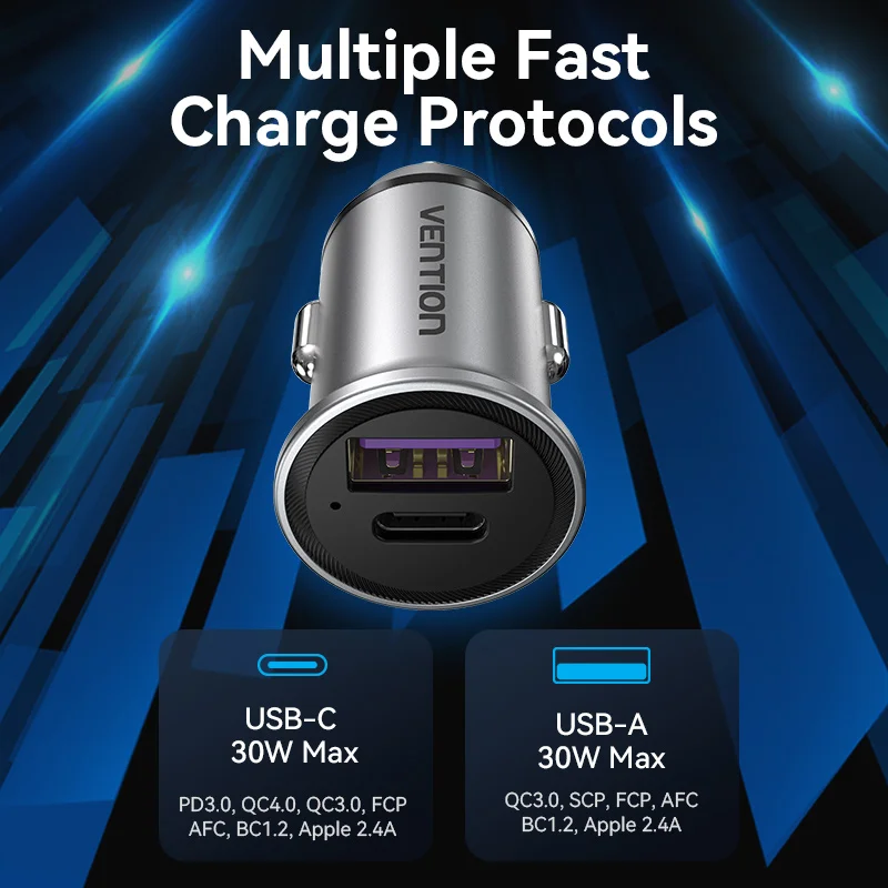 Vention USB araç şarj hızlı şarj SCP QC4.0 QC3.0 30W tipi C PD araba Xiaomi Huawei iPhone PD şarj için hızlı şarj