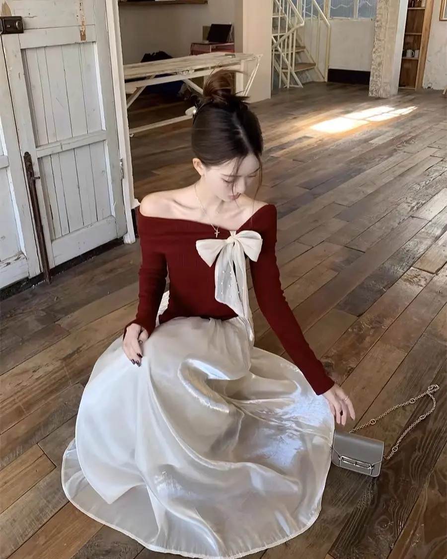 Customized Delicate Organza Off The Shoulder Bow Evening Dresses Temperament Long Sleeves Prom Dress Custom Made Party