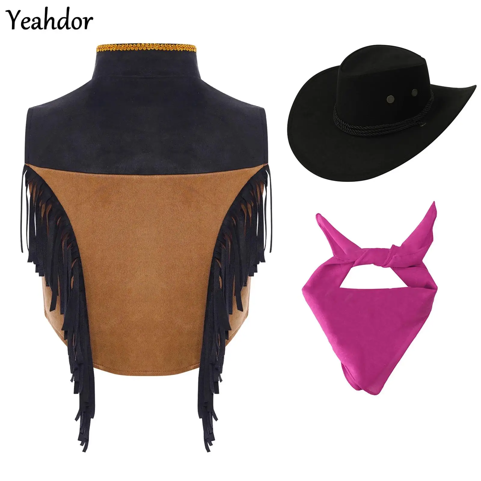 

Boys Girls Cowboy Tassels Waistcoat Fringed Vest Jacket with Hat Bandana Western Cowboy Costume Set Halloween Rave Party Clothes