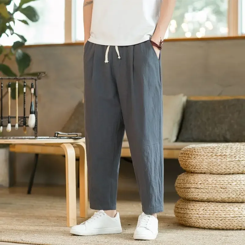 

Men's Casual Cotton Linen Wide Leg Harlan Pants Thin Summer Straight Tube Long Trousers High Elastici Nine Points Pants