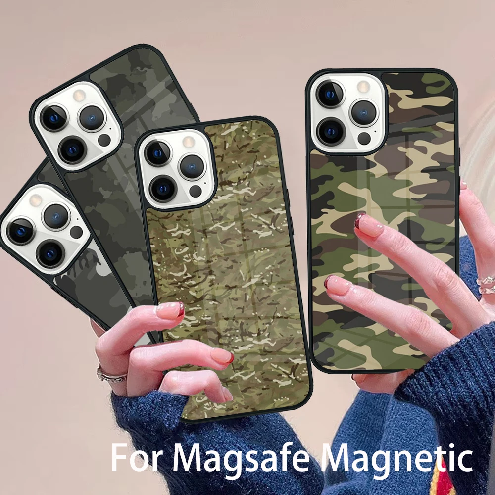 

Camouflage Army Phone Case Magesafe Magnetic Wireless Charge Cover For IPhone 16 11 12 13 14 15 Pro Max Plus Mini