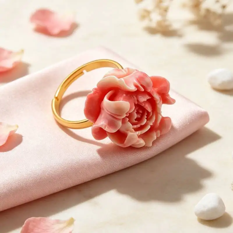 Pink Coral Flower 18K Ring For Women Original Adjustable Ring Hook Mother's Day Women Diy Gift Party Classic Aquaculture Wedding
