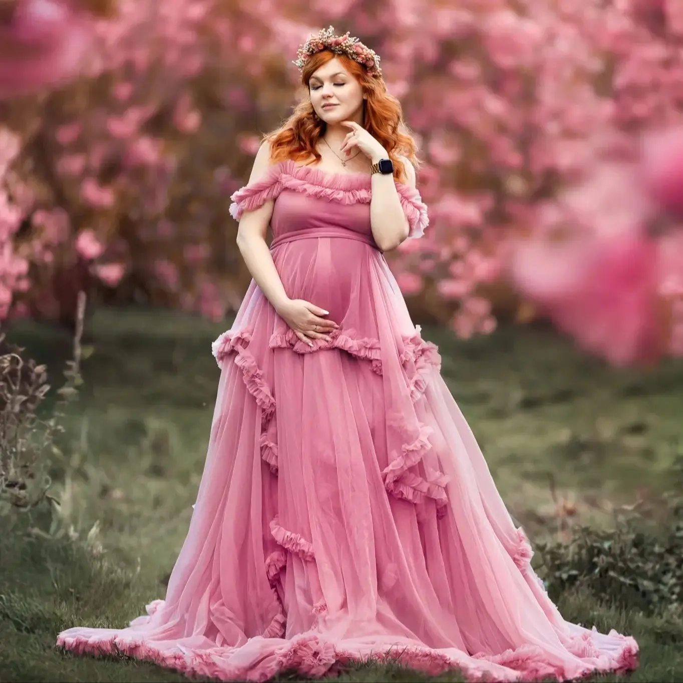 

Illusion Pink Maternity Gowns Off The Shoulder Ruffles Prom Dresses Pregnancy Babyshower Gowns Women Photography Props