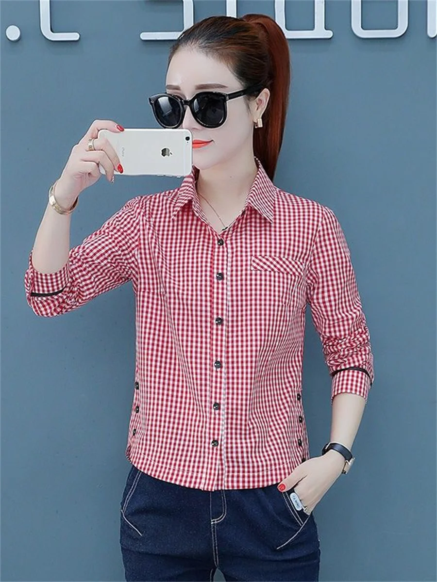 Women Spring Summer Blouses Shirts Lady Fashion Casual Long Sleeve Turn-down Striped Plaid Blusas Tops WY0292