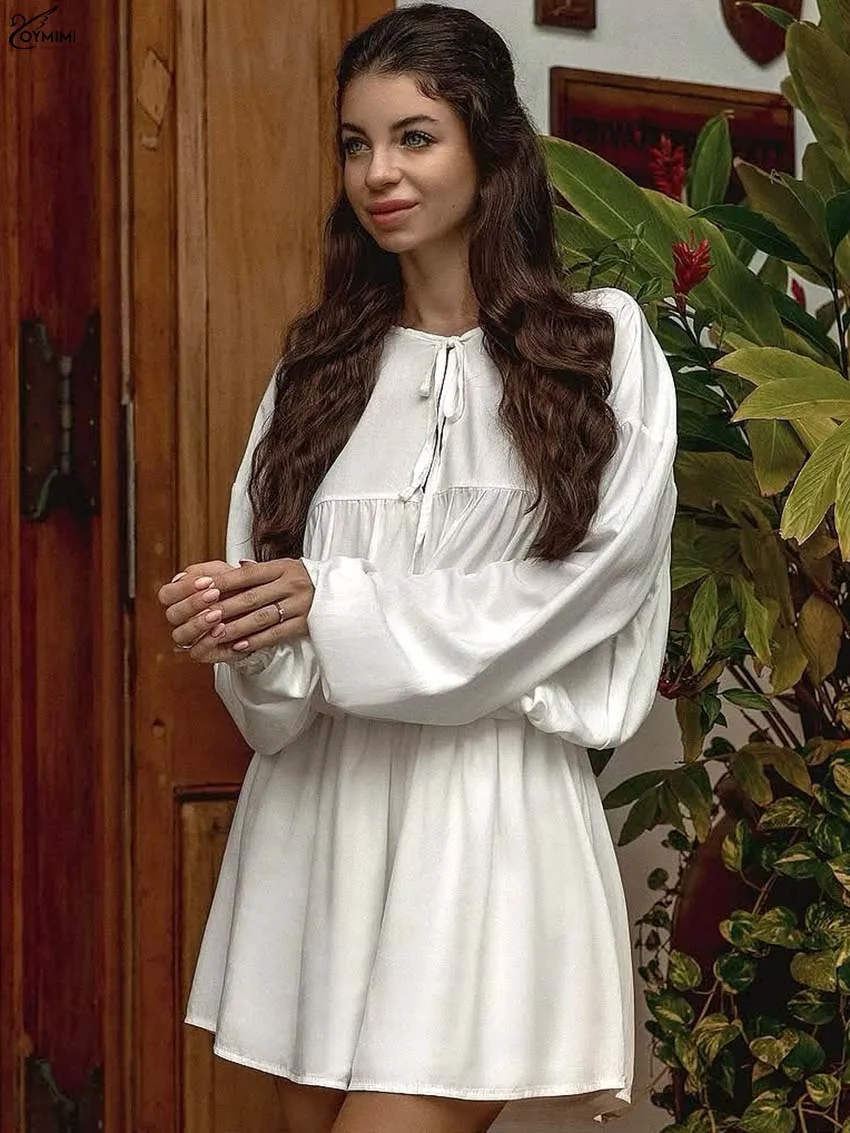 

Oymimi Fashion White Viscose Woman 2 Piece Set Outfit Elegant O-Neck Long Sleeve Lace-Up Shirts And High Waist Loose Shorts Sets