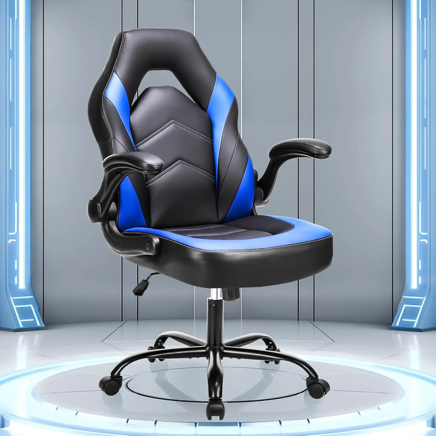 Cadeira Gamer em Couro PU Tamanho Padrão Design Ergonômico com Apoio de Braço Rebatível e Rotação 360° °   Rodas Giratórias, Universais para Todas as Estações, Pretas