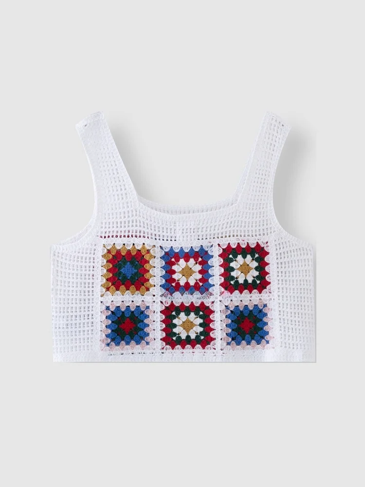

Women's Casual Knitted Hooked Floral ort Tank Top Vintage Sle Cotton Blend Summer Faion Brand 87650