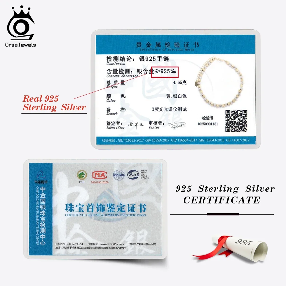 ORSA جواهر حقيقية 925 فضة 4 مللي متر سوار مُزين بالخرز سلسلة للنساء الخرز المستديرة سوار للمجوهرات الديكور اليومي GAB03