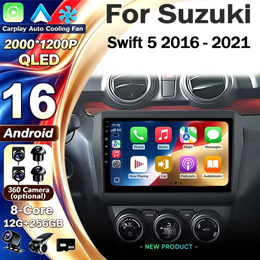 Android 16 CarPlay&Auto For Suzuki Swift 5 2016 - 2021 Car Radio Stereo GPS Navigation Multimedia Player Wireless WIFI BT FM