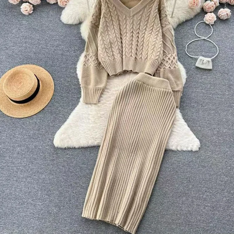투피스 케이블 니트 드레스 세트 여성용 매칭 세트 솔리드 V넥 풀오버 발목 길이 엘라스틱 웨이스트 스커트 2025 가을 겨울