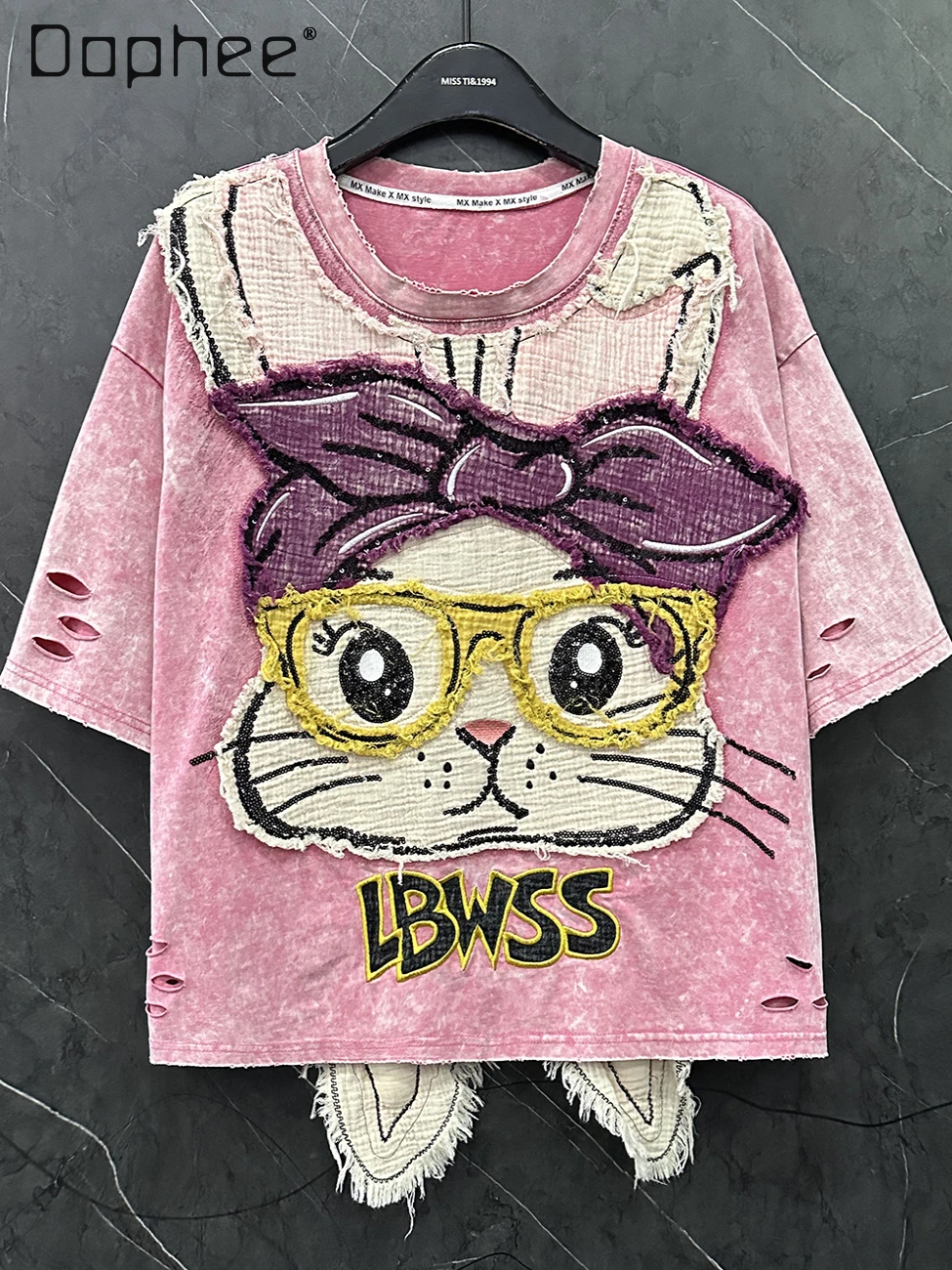 

2025 Summer New Heavy Industry Sticker Embroidered Rabbit Short-sleeved T-shirt Women's Loose Casual Sweet Round Neck Top