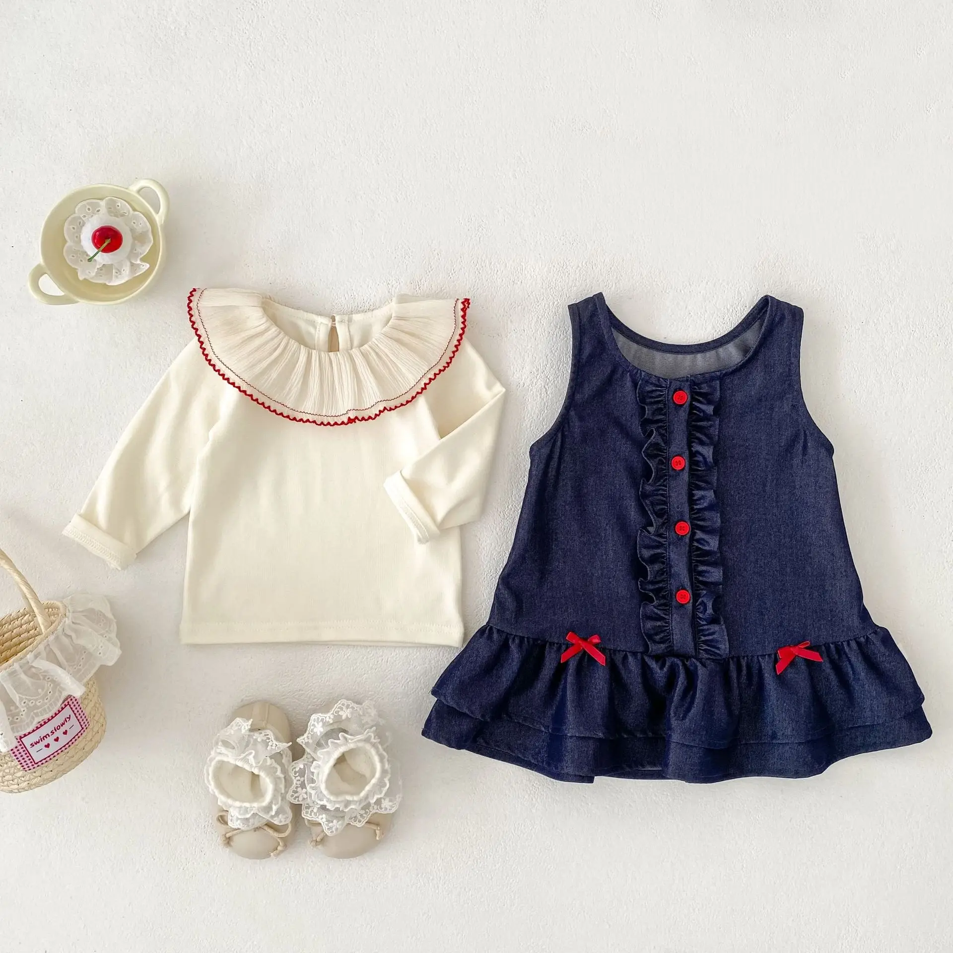 Girls Fall Dress Set 2026 New Baby Girl Ruffled Collar Shirt + Bow Vest Dress Kids Autumn Outfit 2 Piece