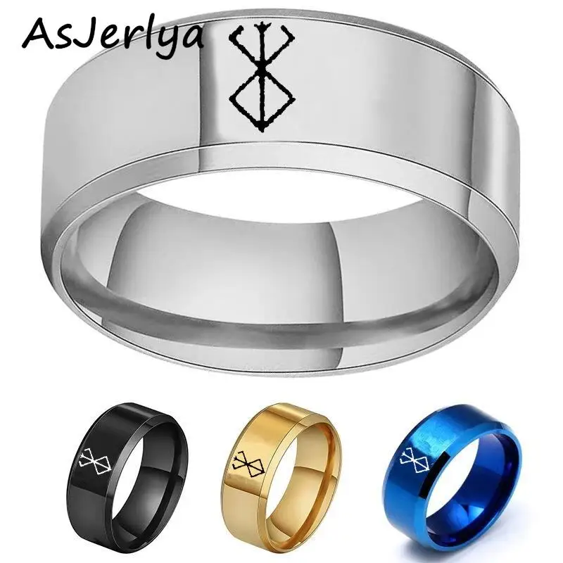 AsJerlya 4 Colors Anime Peripheral Berserk Ring Commemorative Fashion Simple Cool Laser Stainless Steel Ring Men Women Jewelry