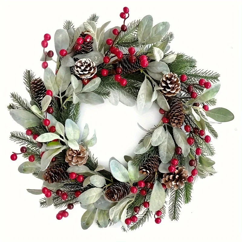 A 20 Inch Christmas Wreath With Pine Cones Berries, Plastic Wall Decoration, Suitable Indoor Outdoor Use, Without Feathers, No