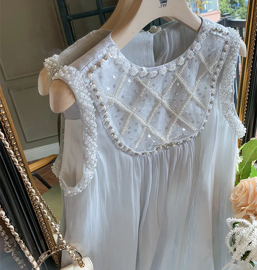 Vestido solto sem mangas de organza feminino, gola O, pérolas diamantes com lantejoulas, mini roupa doce, alta qualidade, fofo tanque, luxo, novo, verão