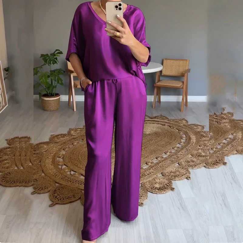 

Solid V Neck Irregular Hem Casual Set Women 2024 Spring Batwing Sleeve Top Pullover and Long Pants Outfit Summer Loose 2pcs Suit