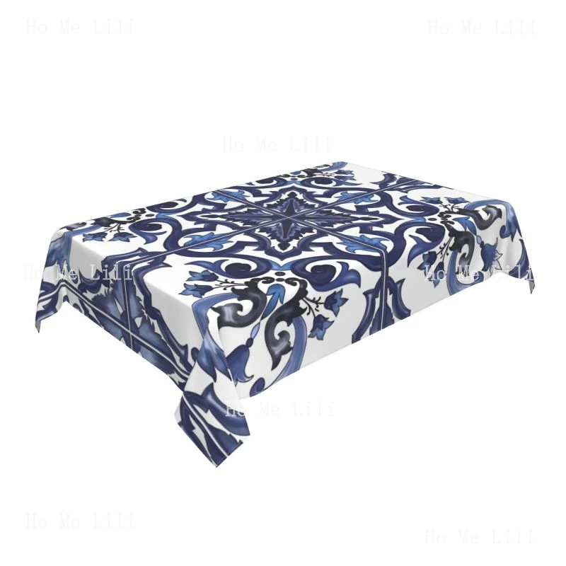 Azulejo Tiles White Bottom Blue Color Pattern Tablecloth For Kitchen Dinning Home Decor