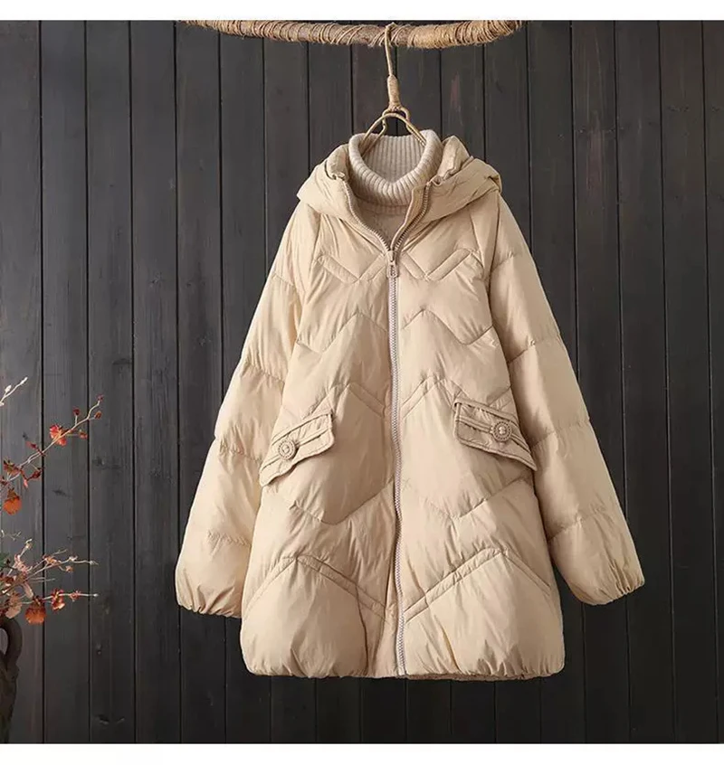 Schinteon Women White Down Jacket with Hood Solid Color Loose Casual Warm Autumn Winter A-lined Outwear Parka Coat 2026 New