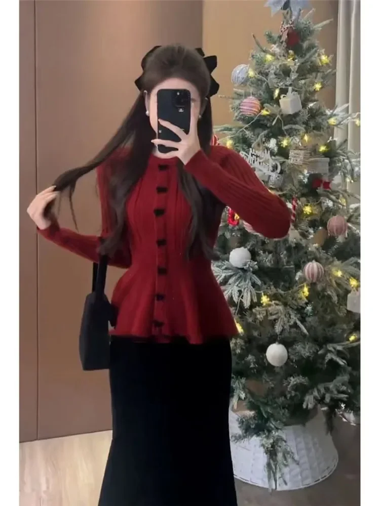 Holiday Red Black White Fashion Fairy Sweater Cute Butterfly Slim ruffles hem A Line Knit Pullover New Spring O Neck Top Jumper