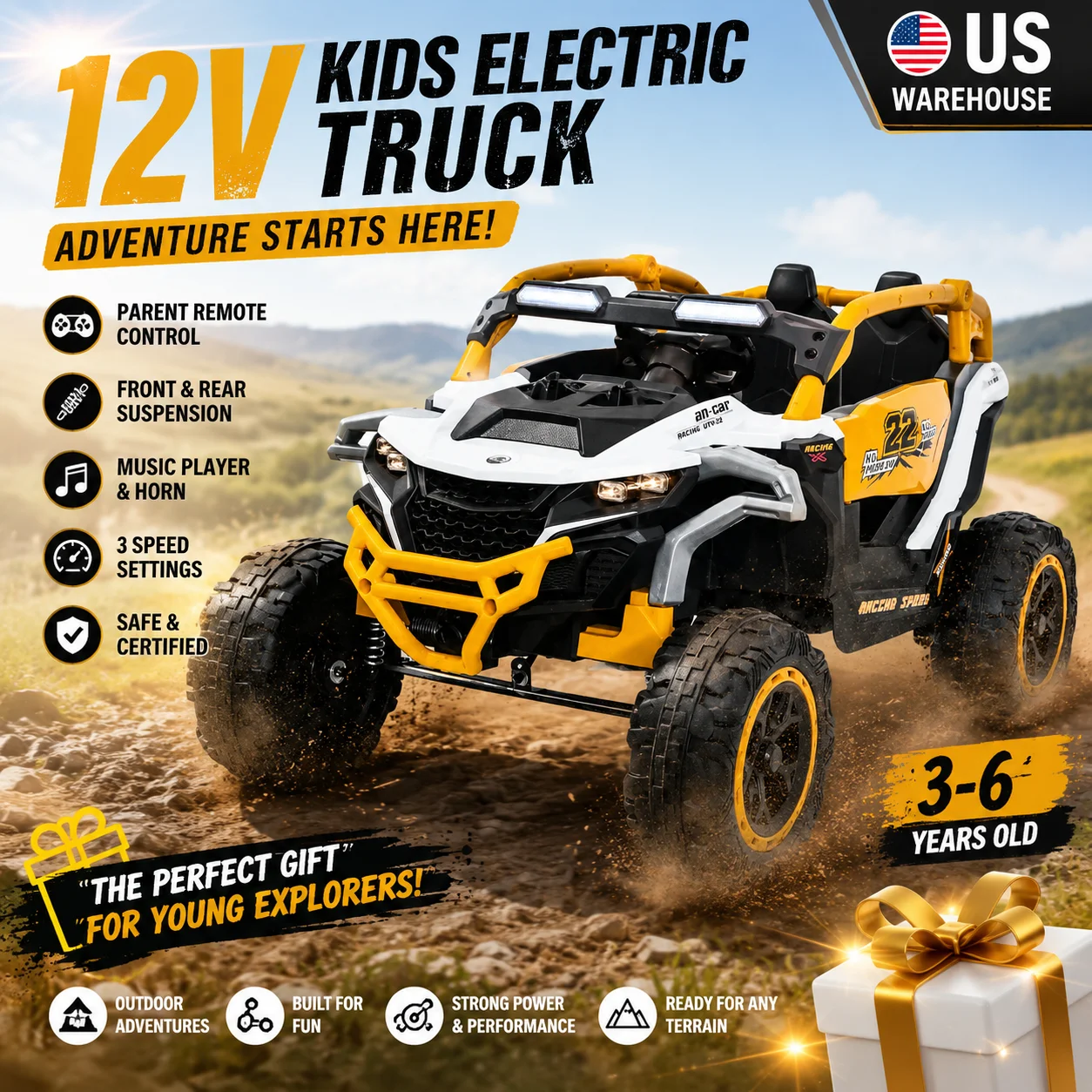 

12V Kids Electric Truck Ride on Car 2-Seater UTV with Parental Remote Control Front Rear Shock Suspension White Toy Vehicle for Toddlers Age 3-6 Boys Girls Backyard Park Outdoor Off-Road Power Wheels with Music Player LED Lights ASTM Certified Gift