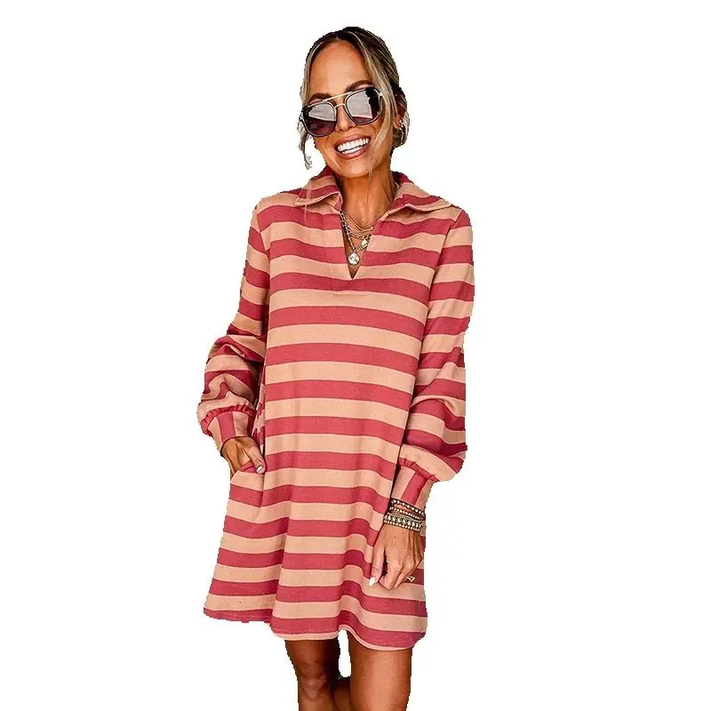 

Autumn Winter Stripe Collared V Neck Long Sleeve Loose Casual Short Dress