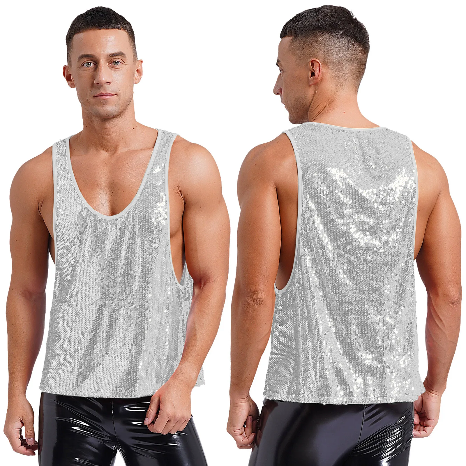 Mens Sexy Glitter Sequin Vest Tank Top Smooth Waistcoat Shiny Top Modern Jazz Tap Latin Disco Dance Carnivals Costume Night Club