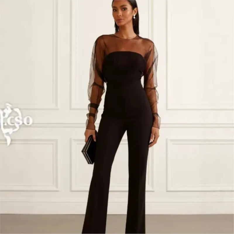 

Fashion Slim Women Jumpsuits 2026 Sexy See Through Patchwork Mesh Long Sleeve Tube Top Bodycon Jumpsuit Office Lady Commuting