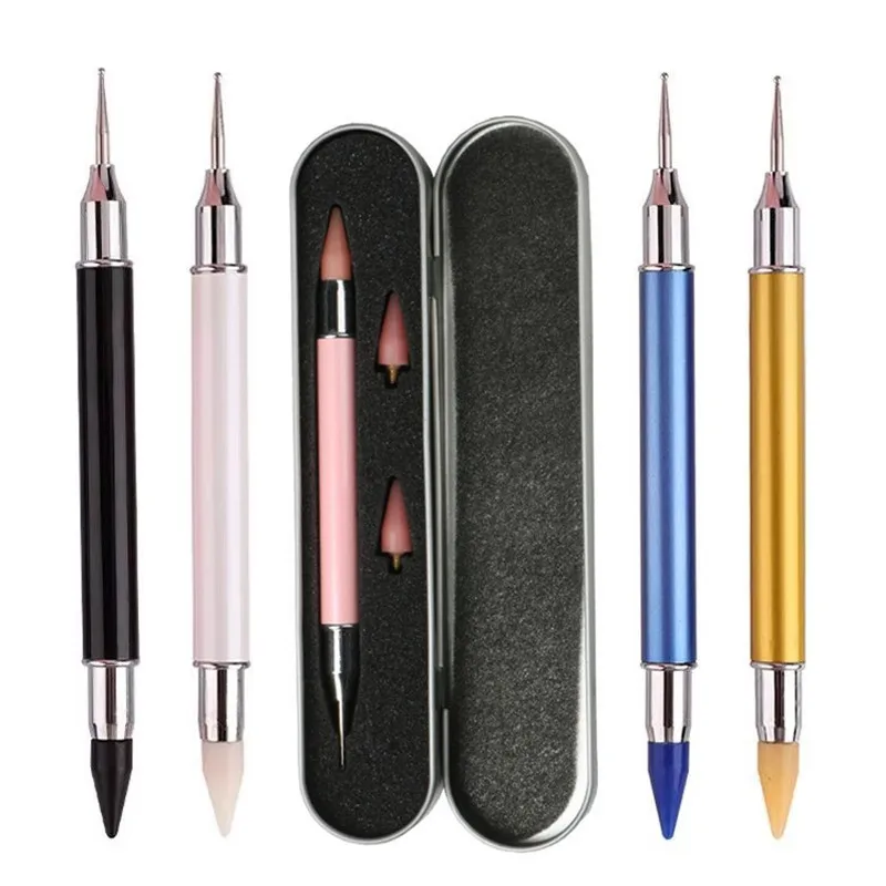 1PC Dual-ended Nail Art Dotting Pen Set With 2 Replaced Heads Rhinestone Beads Studs Picker Wax Pencil Brush Nails Art Tools
