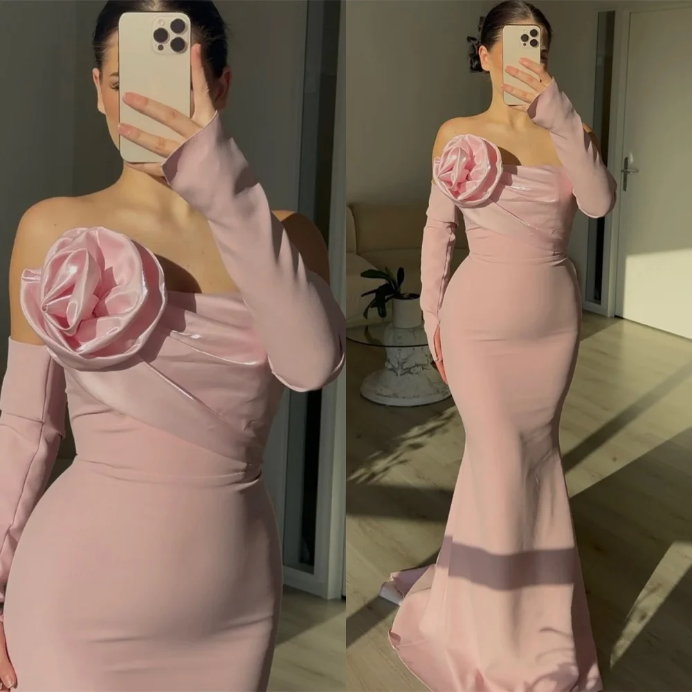 فستان سهرة من الجيرسيه الوردي بمزاج مخصص عالي الجودة بدون حمالات وأكمام طويلة فساتين المشاهير فستان حفلات رائع