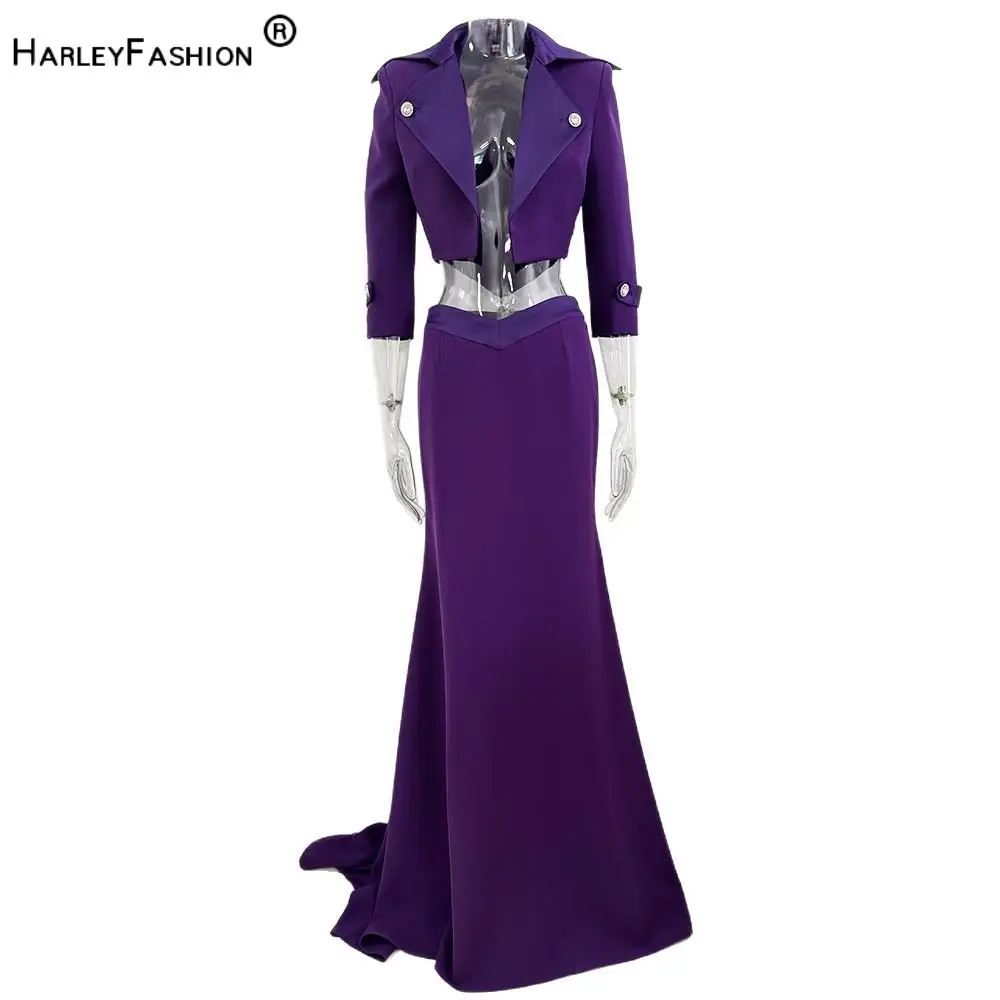 

New Arrival European Style Lady Fashion Suit Notched 3/4 Sleeve Short Coat Mermaid Solid Long Skirt Women Patchwork 2Pcs