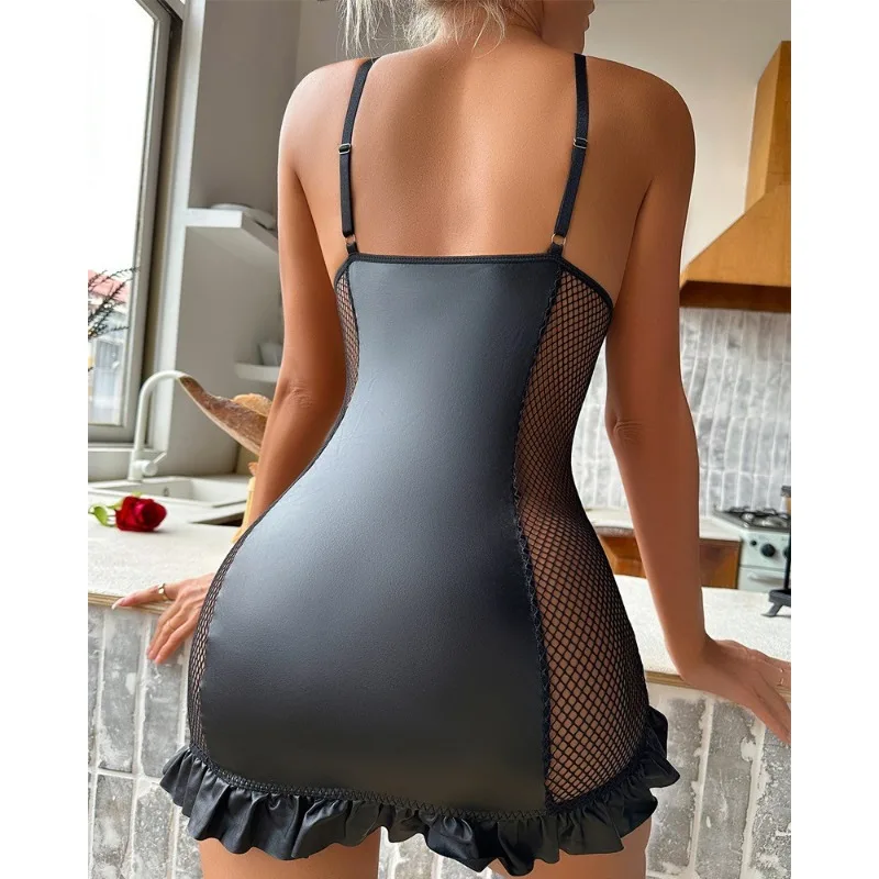 2024 Autumn Winter New Women\'s Solid Color Pu Uniform Zipper Pleated Bottom Sexy Fishnet Skinny Sheath Dress