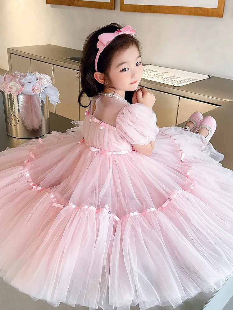 2024South Korea Children\'s Clothing Girls\' Pink Dress Summer Western Style Children\'s Senior Year-Old Performance Dress Mesh Now