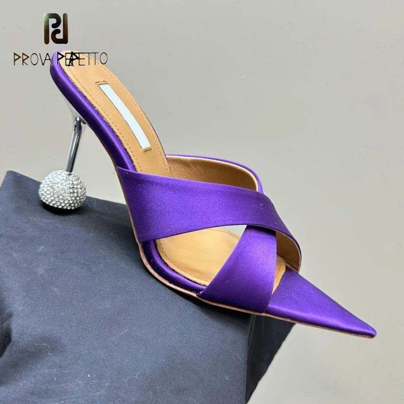 

Silk Leather Cross Strap Women Sexy Summer Sandal Shoe Pointed Toe Rhinestone Ball Heel Luxury Party Runway Sapatos Mujer