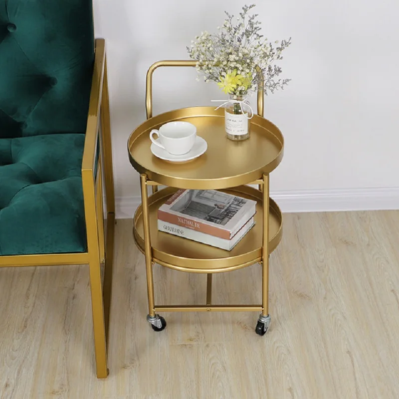 

Conveniently Easy to Use Double Layer Assemble Trolley Movable Coffee Side Table Cart Lron Tea Living Room Desk With Pulley