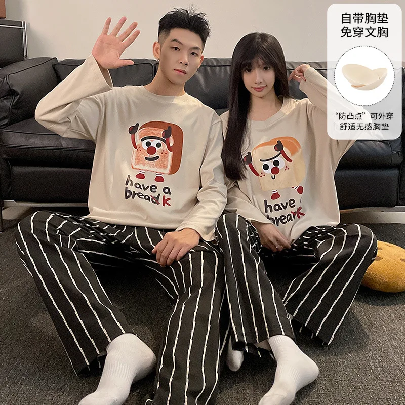 Couples's Loungewear Man and Woman Matching Sleepwear Spring and Autumn Long-sleeved Trouser pajama Cartoon Cute Bread Nightwear