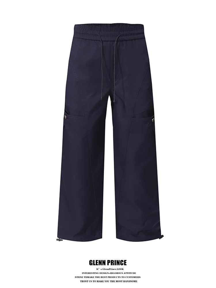 

Outdoor Sports Pure Color Dstring Straight Leg Work Pants Loose Wide Leg Casual Trousers for Men Retro Sle Polyester Fiber