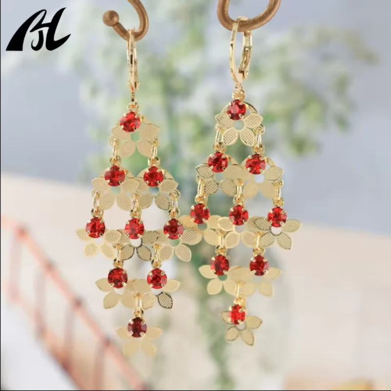 Hot Sale Exquisite Flower Ethnic Style Tassel Earrings Dangle Statement Colored Green Crystal Earring for Women Girl