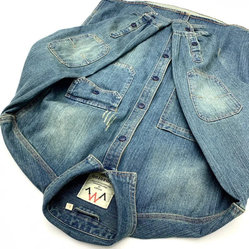 

Vintage Hong Style Washed Shirt Men'S Long Sleeve Turn-Down Collar Cardigan Shirt Youth Trend Niche Design