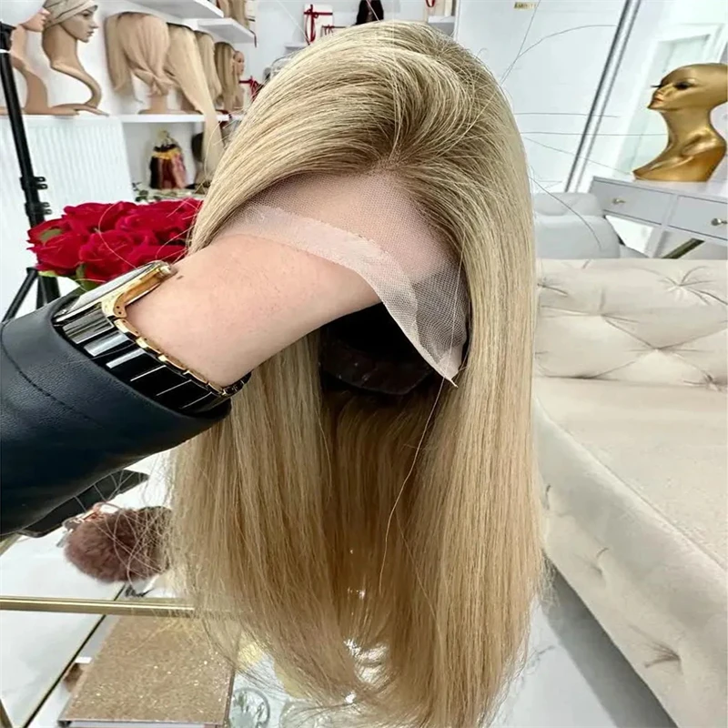 مصنع أومبير براون العسل شقراء الدانتيل الجبهة الباروكات تسليط الضوء على شعر مستعار الاصطناعية الملونة بوب للنساء جذور داكنة تأثيري شعر مستعار غلويليس